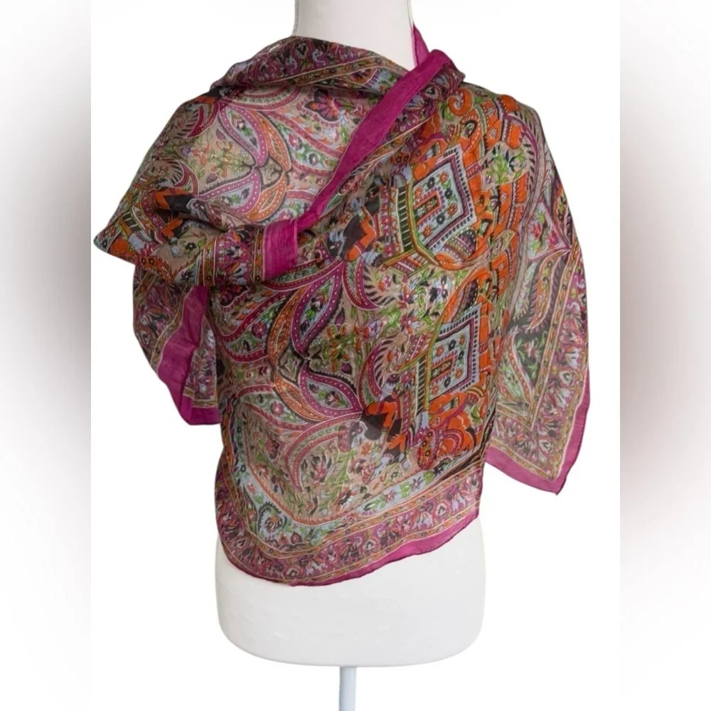 PASHTUSH 100% PURE SILK SCARF PAISLEY & ELEPHANT PRINT MULTICOLOR FUCCIA